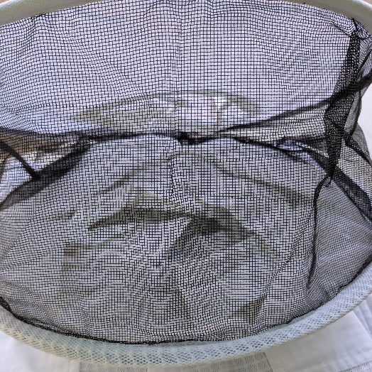 Round hood with a vented lower half for beekeeping suit or jacket